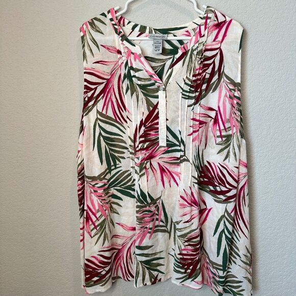 Catherines White Green Pink Vibrant Palm Print Sleeveless Blouse - Size 2X EUC - Picture 1 of 5